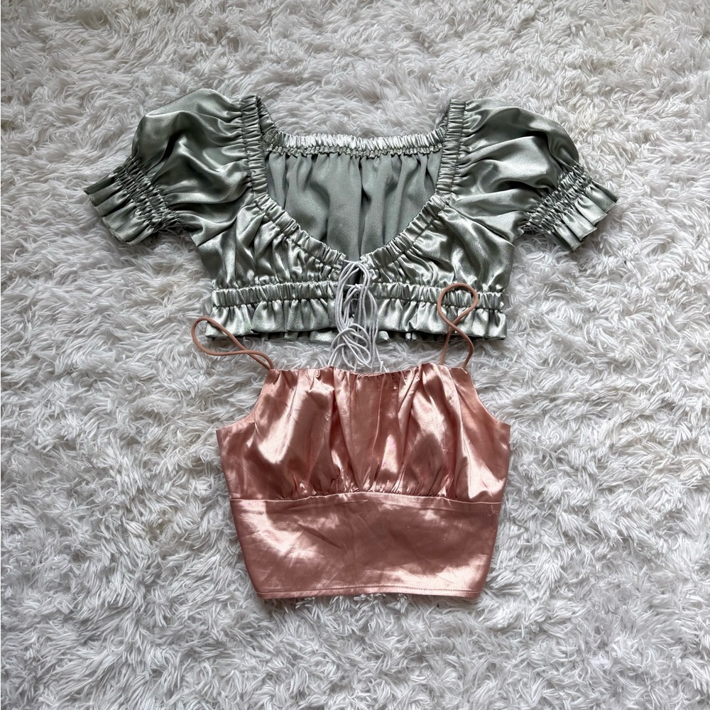 SHEIN Satin Crop Tops Set - Green and Pink